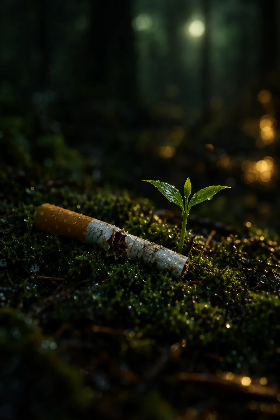 A small green plant with dewdrops growing next to a discarded cigarette butt on mossy ground in a dim forest setting with soft light in the background.