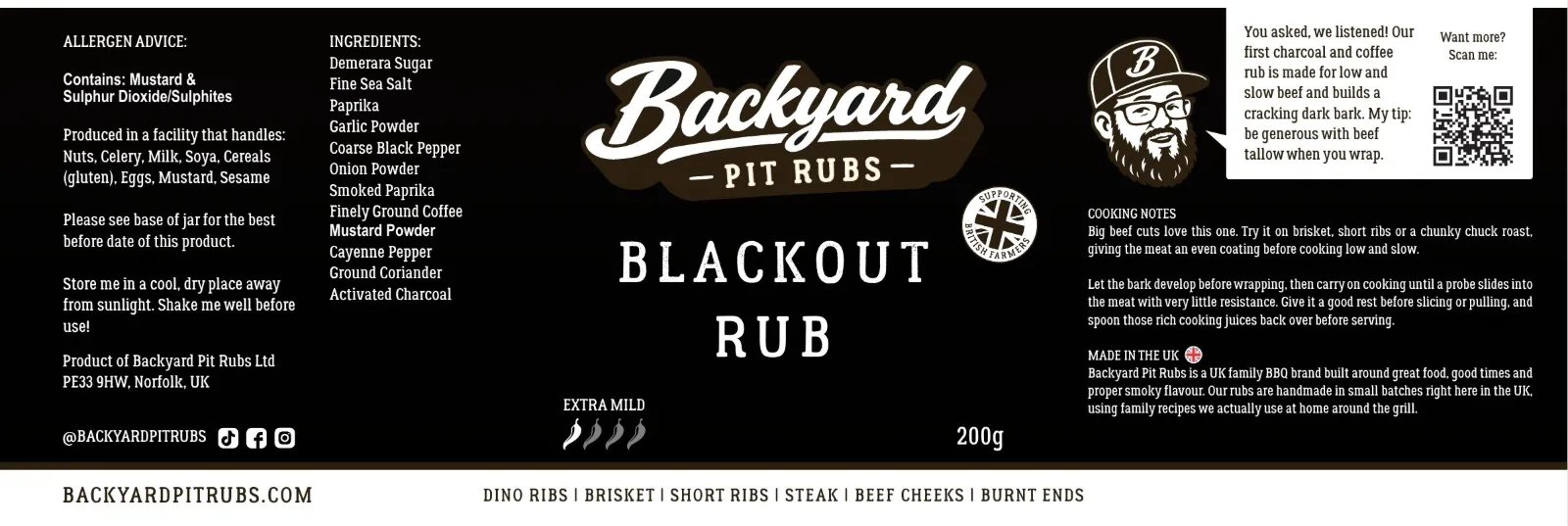 Blackout Rub label in black, with ingredients, cooking notes and a tip from The Backyard Guy.