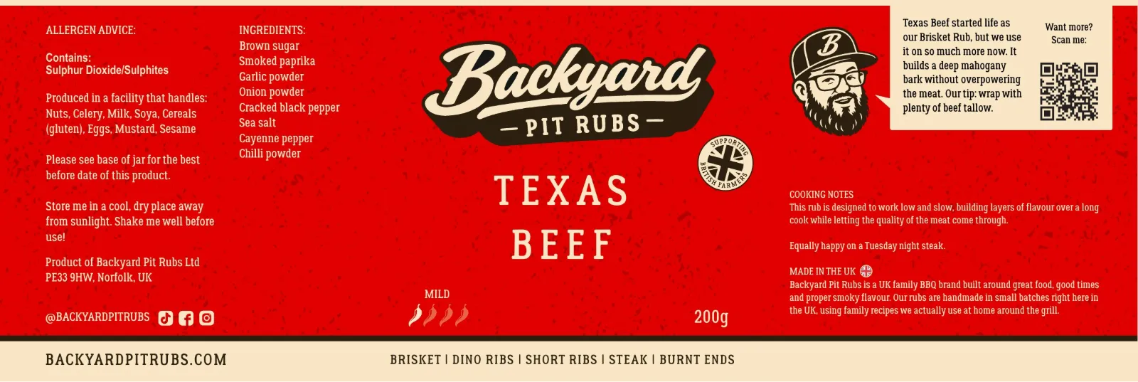Texas Beef label in red, with ingredients, cooking notes and a tip from The Backyard Guy.