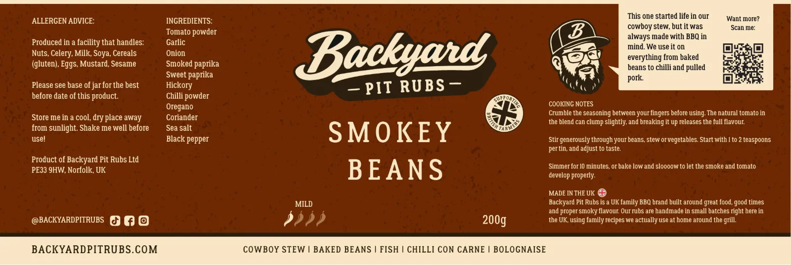 Smokey Beans label in brown, with ingredients, cooking notes and a tip from The Backyard Guy.