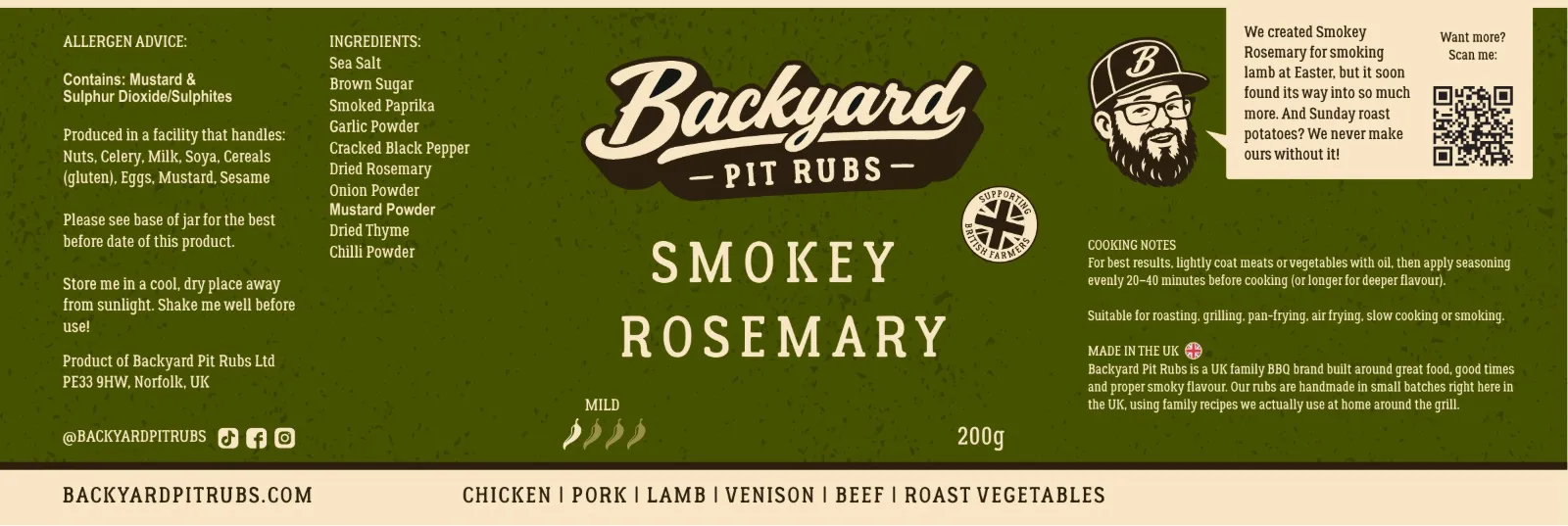 Smokey Rosemary label in olive green, with ingredients, cooking notes and a tip from The Backyard Guy.