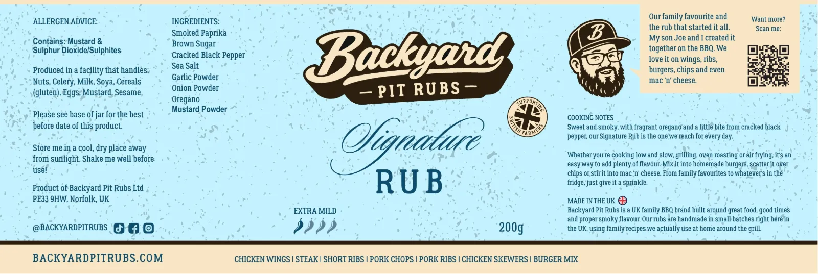 Signature Rub label in light blue, with ingredients, cooking notes and a tip from The Backyard Guy.