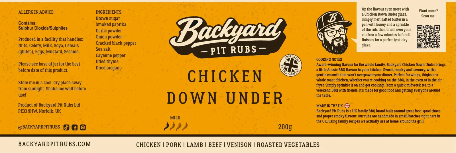 Chicken Down Under label in Texas Gold, with ingredients, cooking notes and a tip from The Backyard Guy.