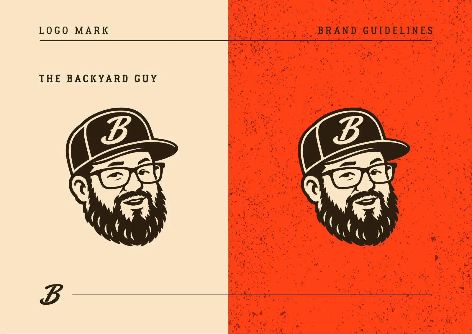 The Backyard Guy logo mark, a bearded character in a cap carrying the Backyard B, on cream and on red.