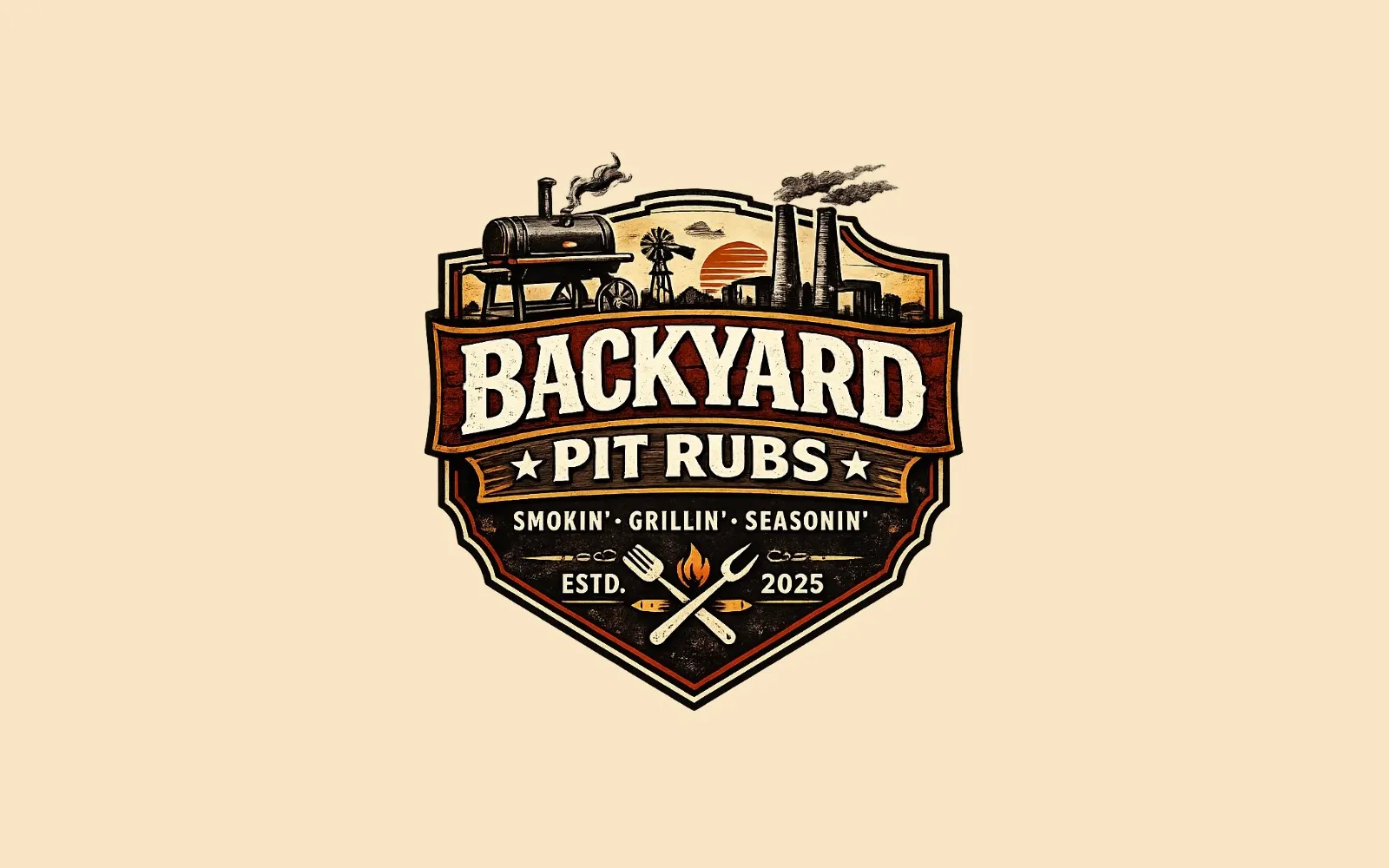 The old Backyard Pit Rubs badge logo, with a smoker, a sunset and crossed tools