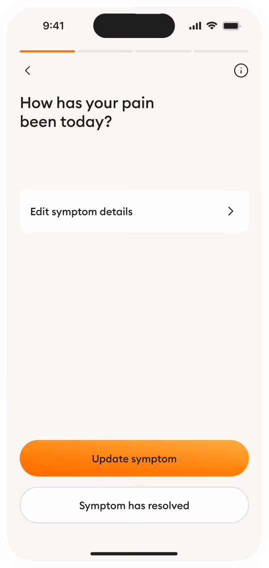 Mobile app screen asking 'How has your pain been today?' with options to edit symptom details, update symptom, or mark symptom as resolved.