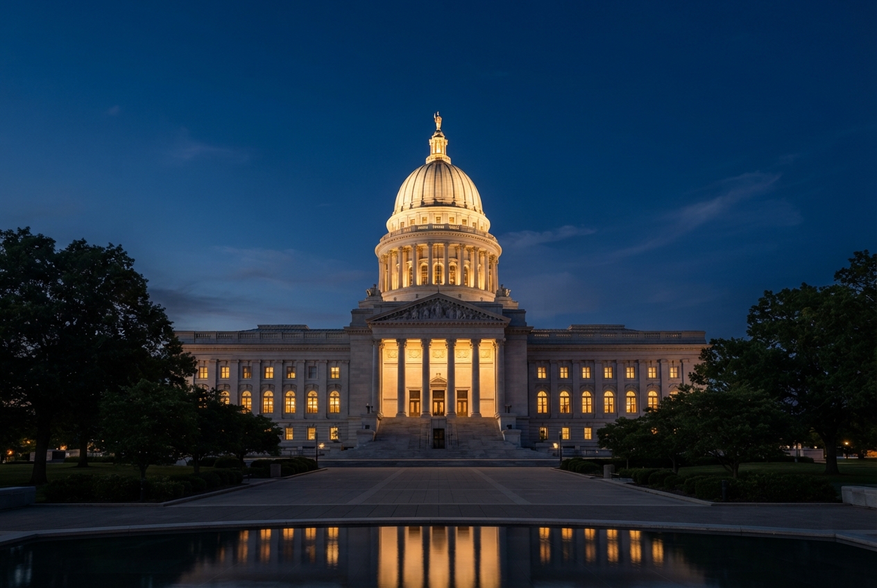 Illuminated neoclassical domed government building reflected in a pool at dusk.