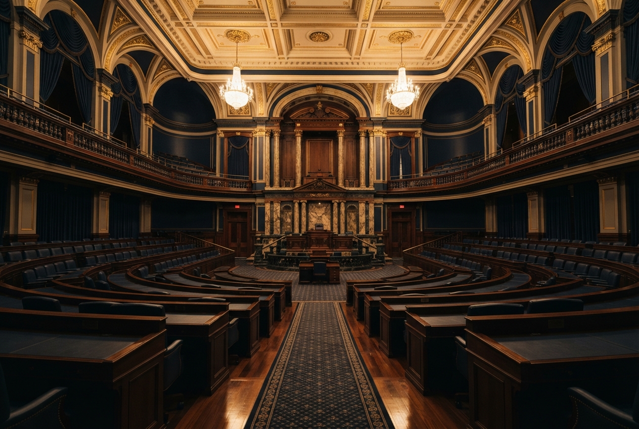 Ornate empty parliamentary chamber with curved desks, blue curtains, chandeliers, and a central raised dais.