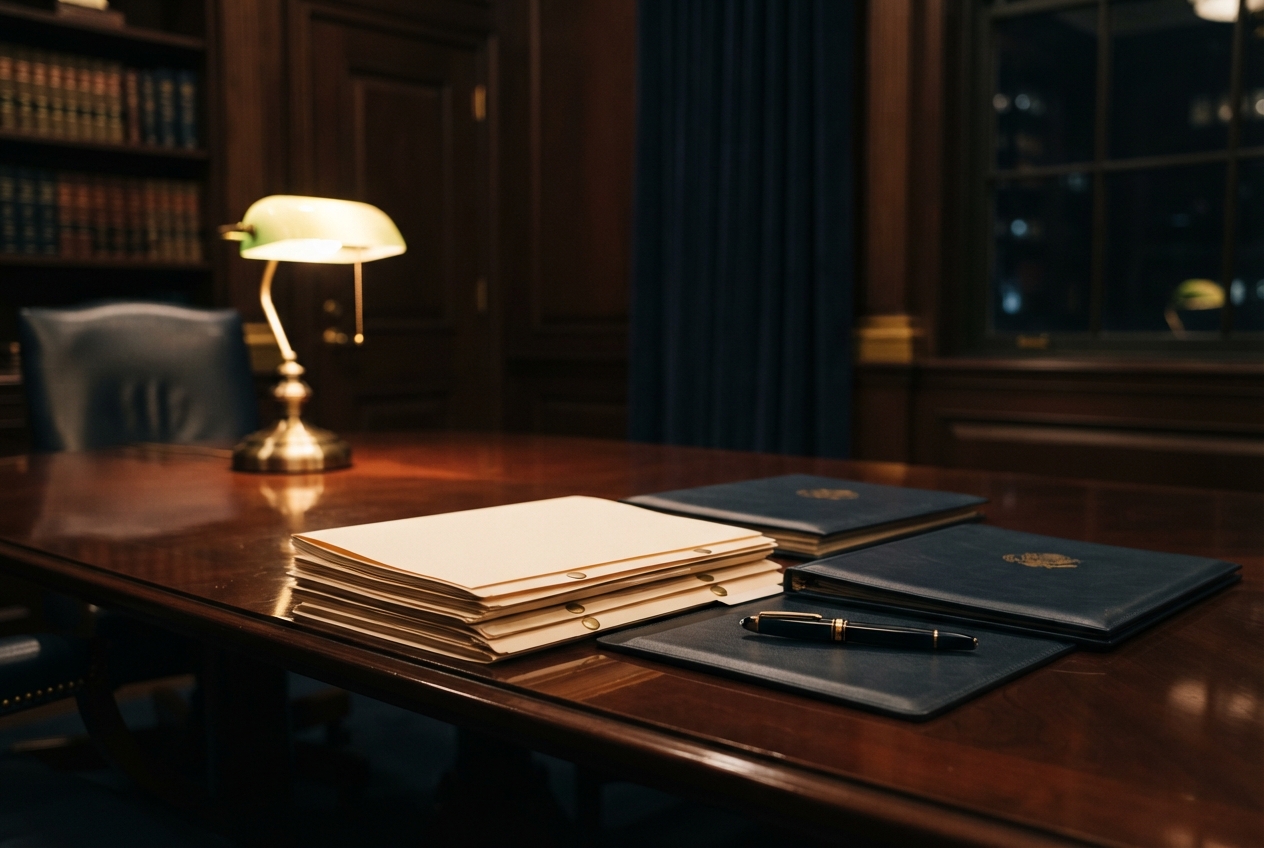 Polished wooden study desk with blank papers, leather portfolios, a fountain pen, and a glowing brass lamp.