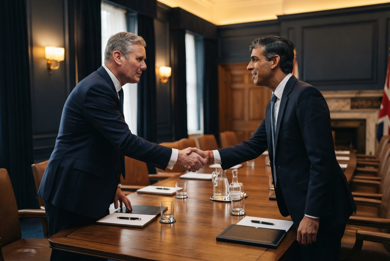 Two suited men shake hands across a conference table in a dark wood-paneled meeting room.