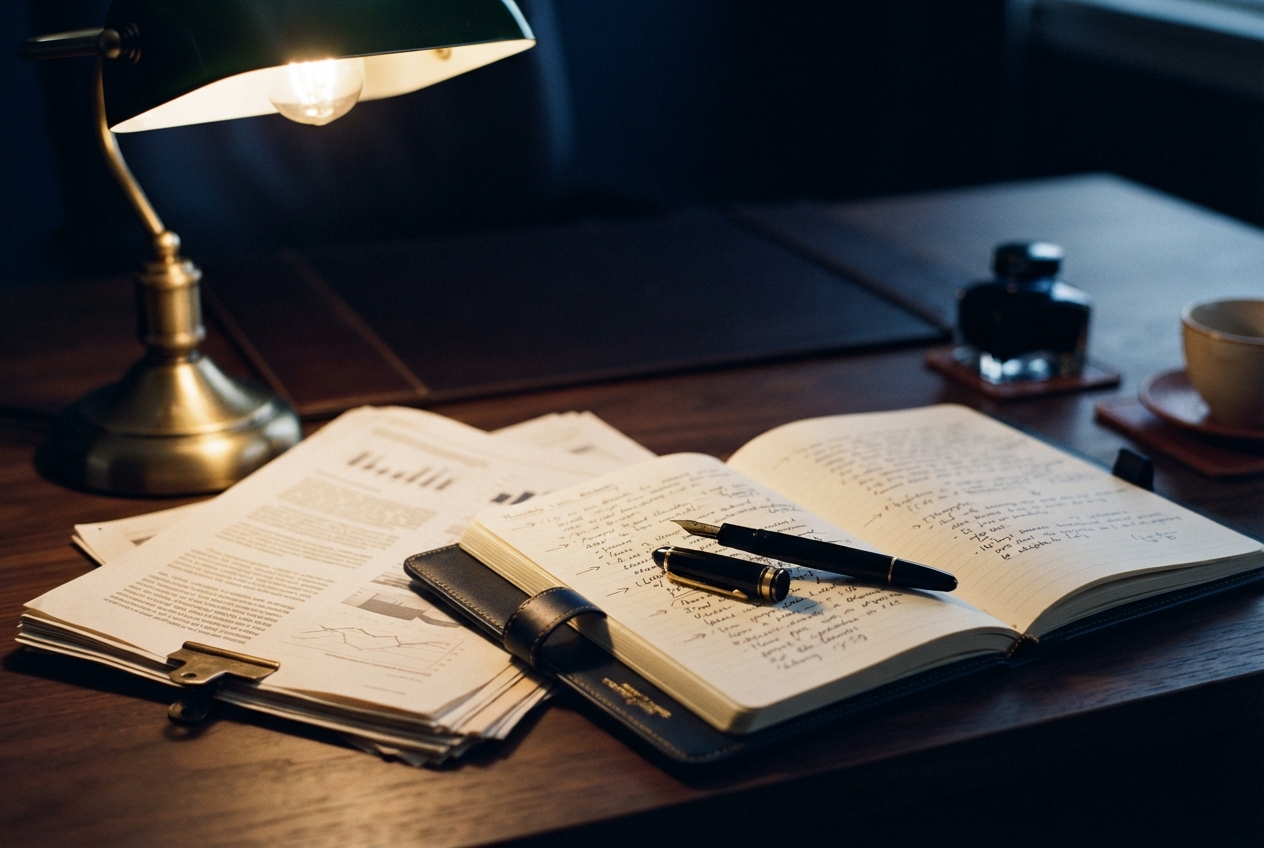 Open handwritten notebook, fountain pens, papers, lamp, inkwell, and cup on a dark wooden desk.