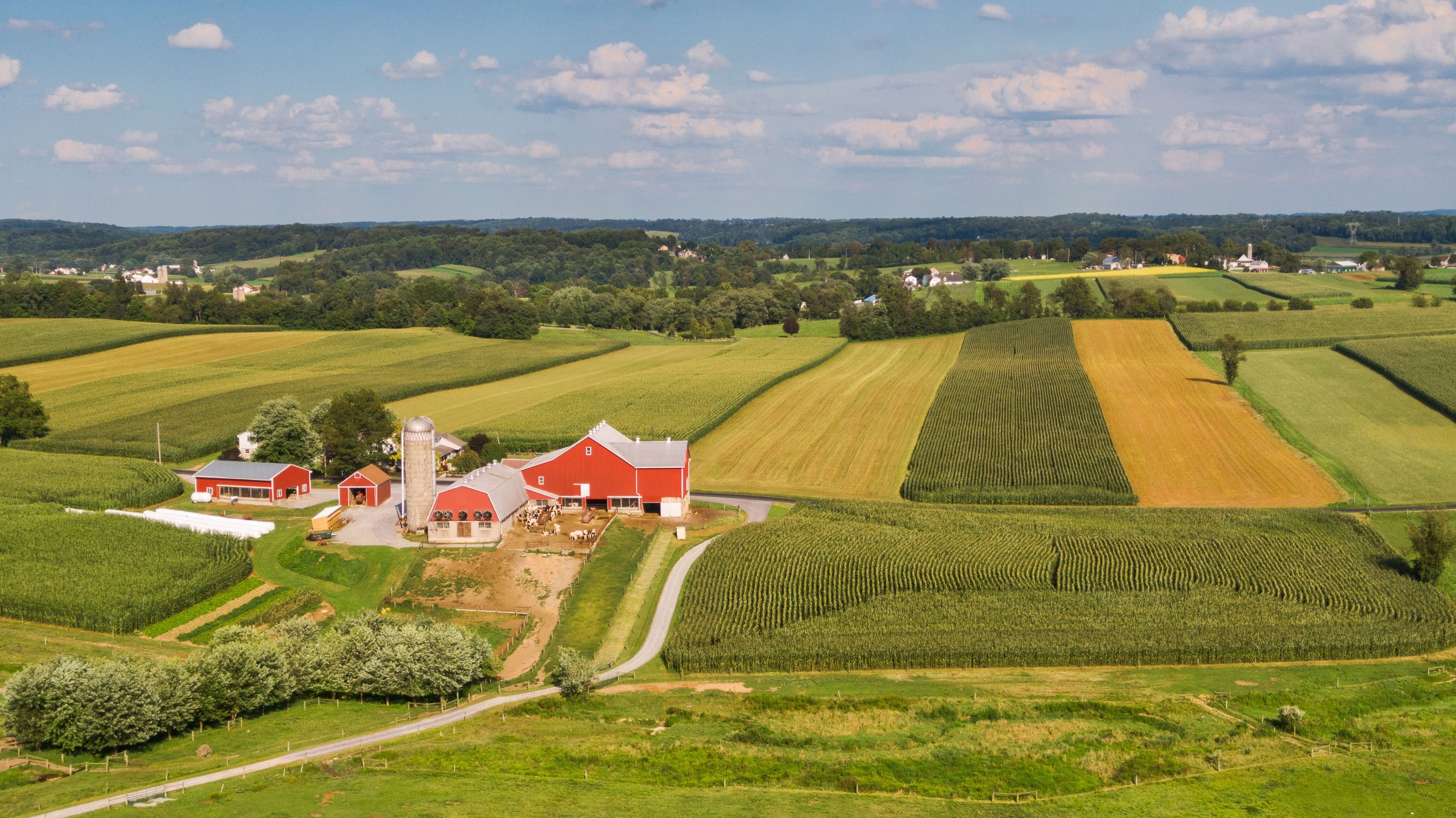 Aerial panorama of a red-barn farm surrounded by green and golden crop fields under a cloudy blue sky.