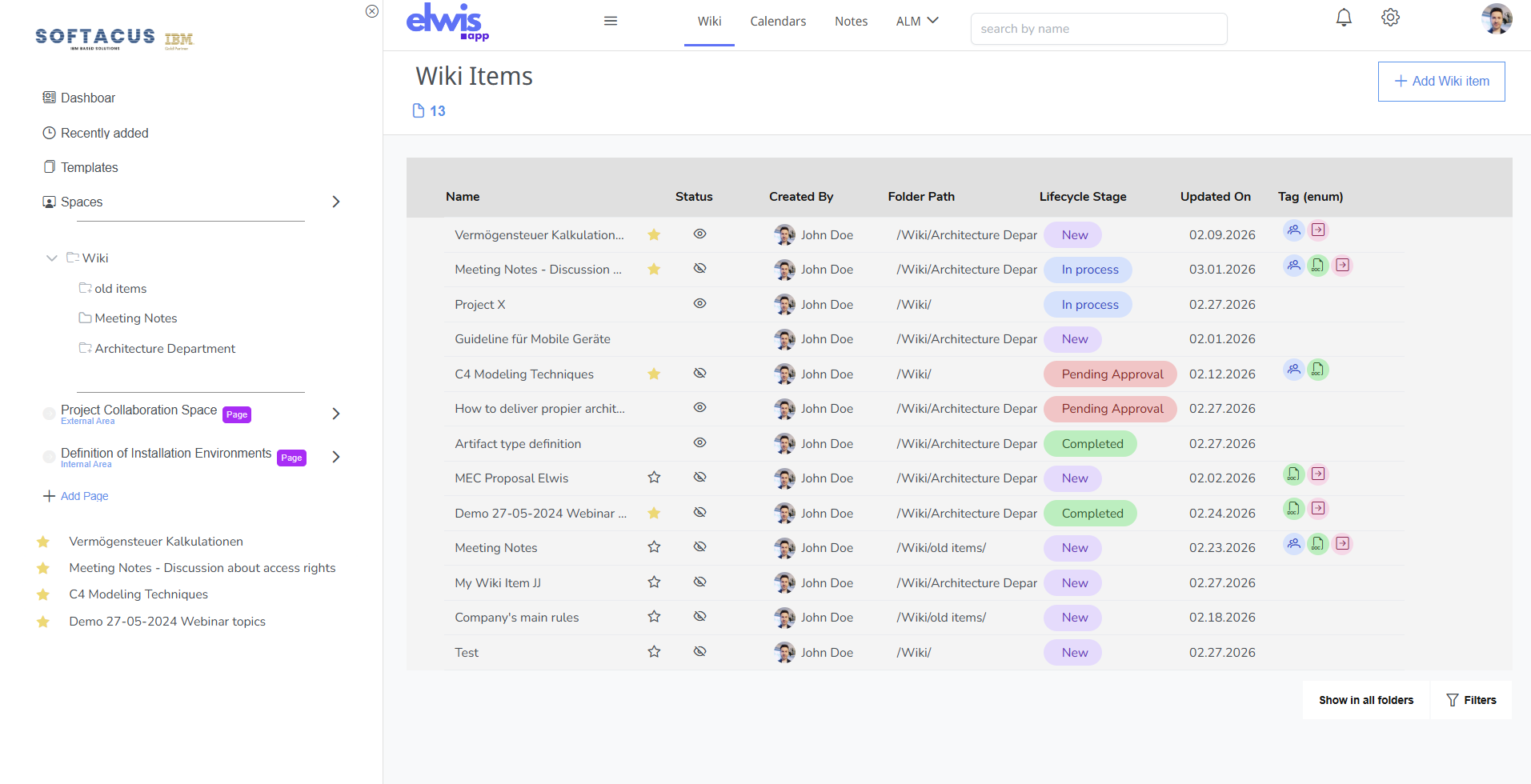 ELM Wiki example showing wiki items, lifecycle stages and tags.