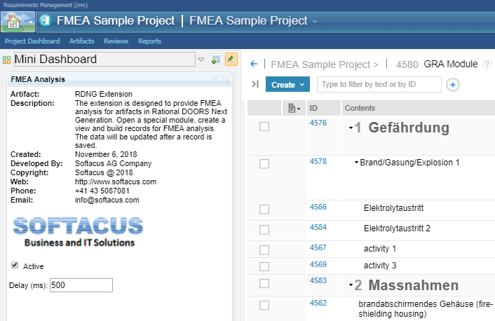 Softacus documentation example of FMEA Analysis within a sample DOORS Next module.