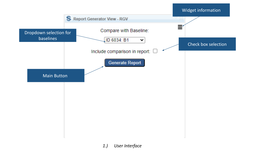 Report Generator View with a baseline selector and report-generation controls.