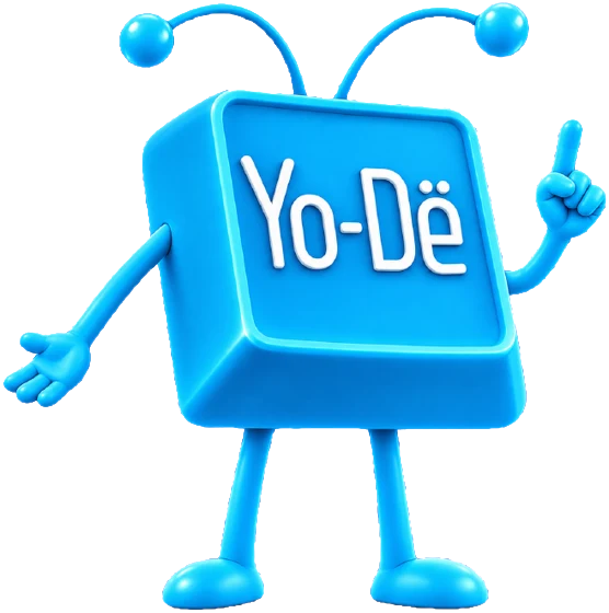 Yo-De mascot, a friendly blue character pointing up