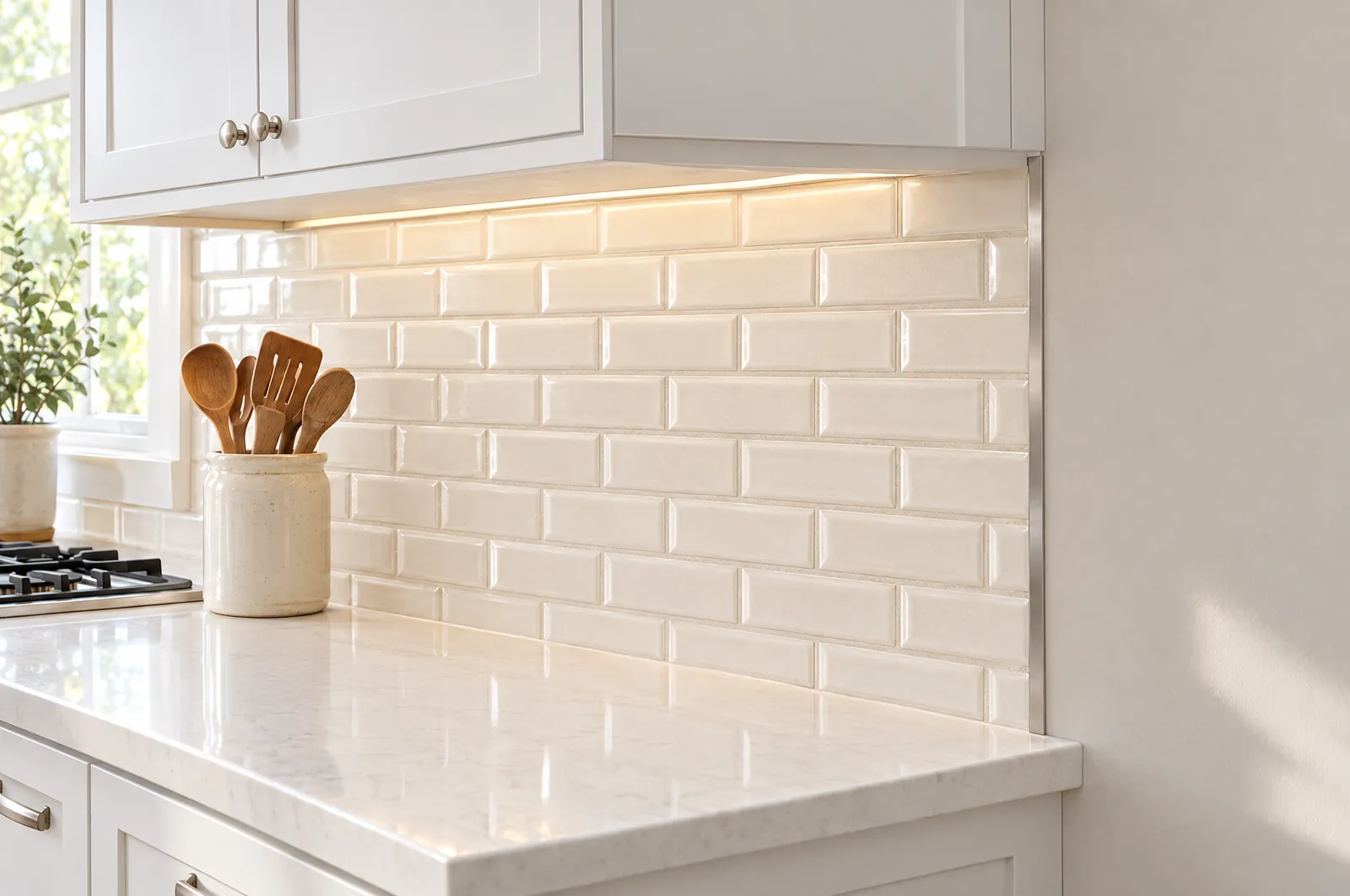 Backsplash tile ending under white upper cabinets with a brushed metal edge profile on the open side