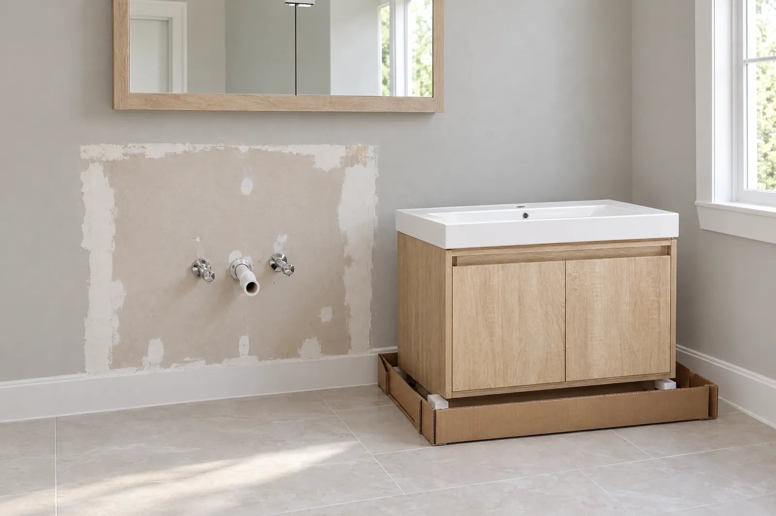 Bathroom wall after the old vanity is removed, with drain and supply pipes and the new vanity beside it