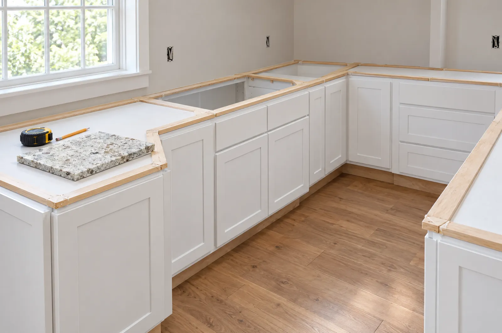 Countertop templating on bare base cabinets with a stone sample on top