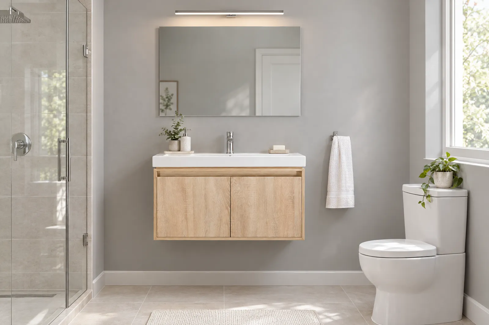 Single-sink bathroom vanity installed with the mirror and light centered above it