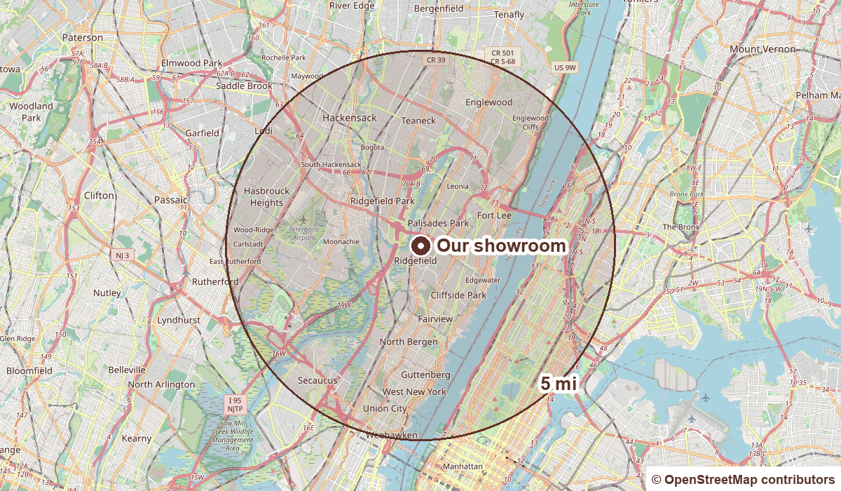 Map of the 5-mile area around our showroom at 607 Grand Ave, Ridgefield
