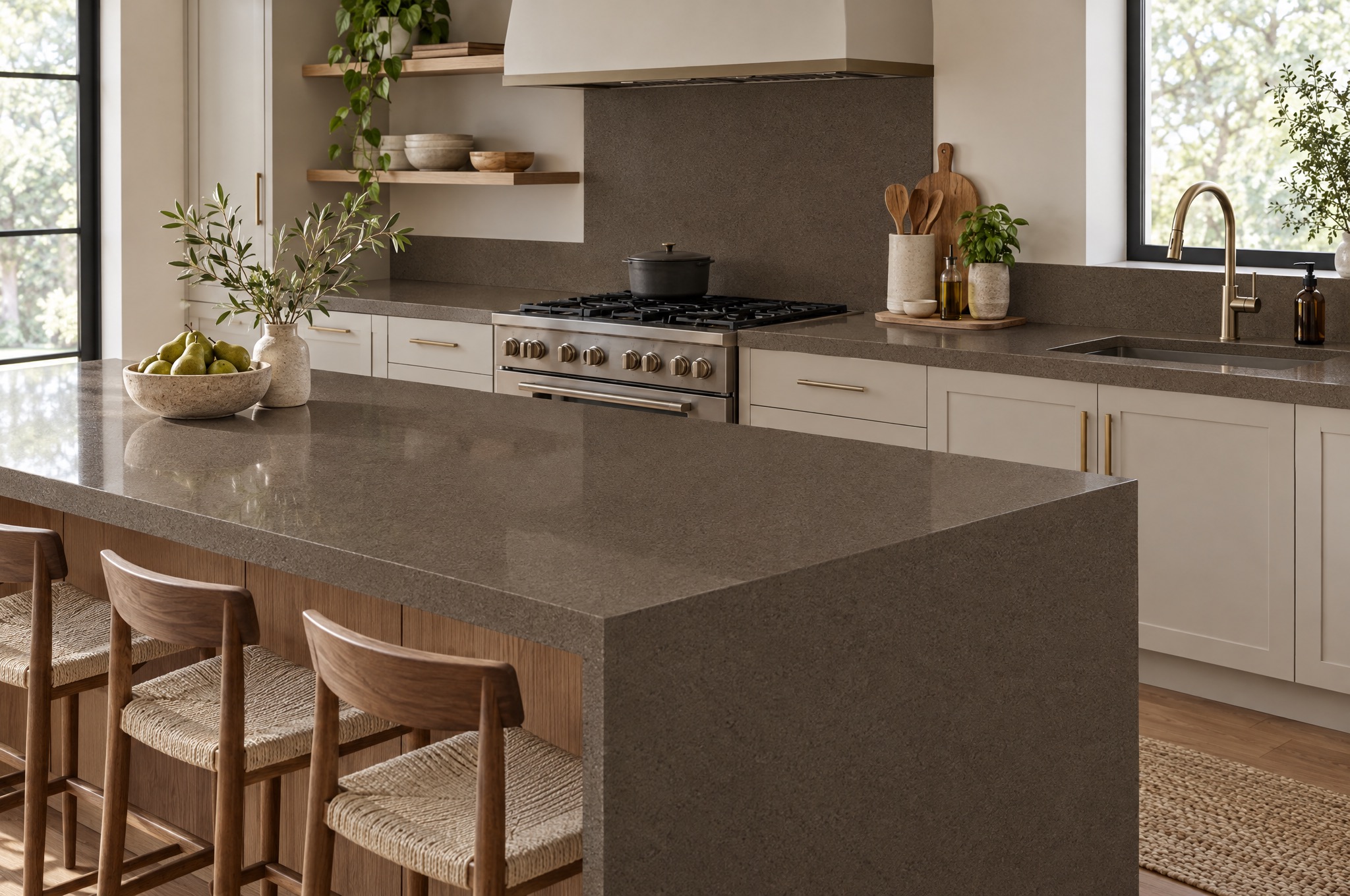 MSI Lagos Azul quartz countertop, taupe quartz, in a styled kitchen