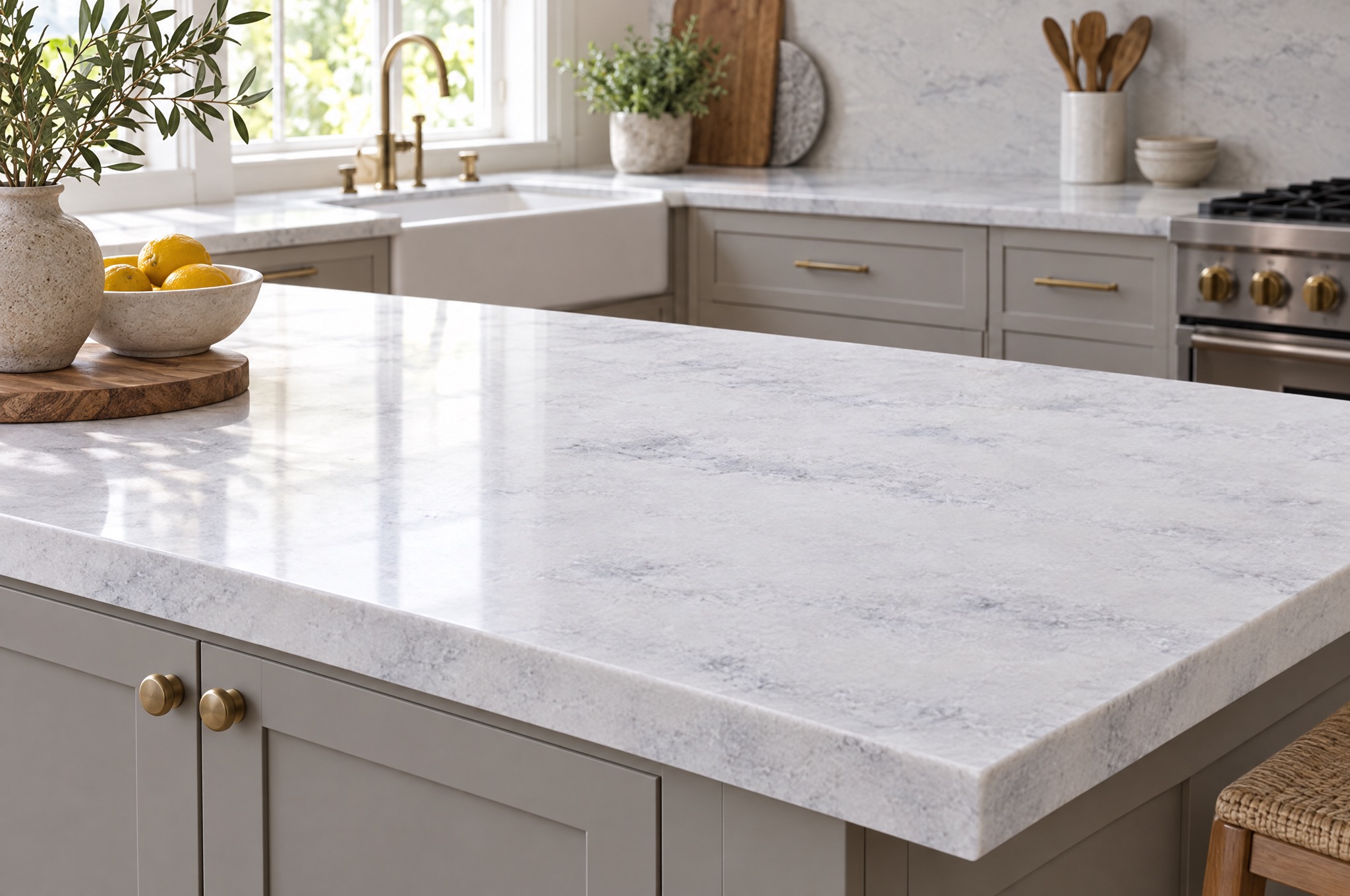 MSI Absolute White marble countertop, white marble with soft veining, in a styled kitchen