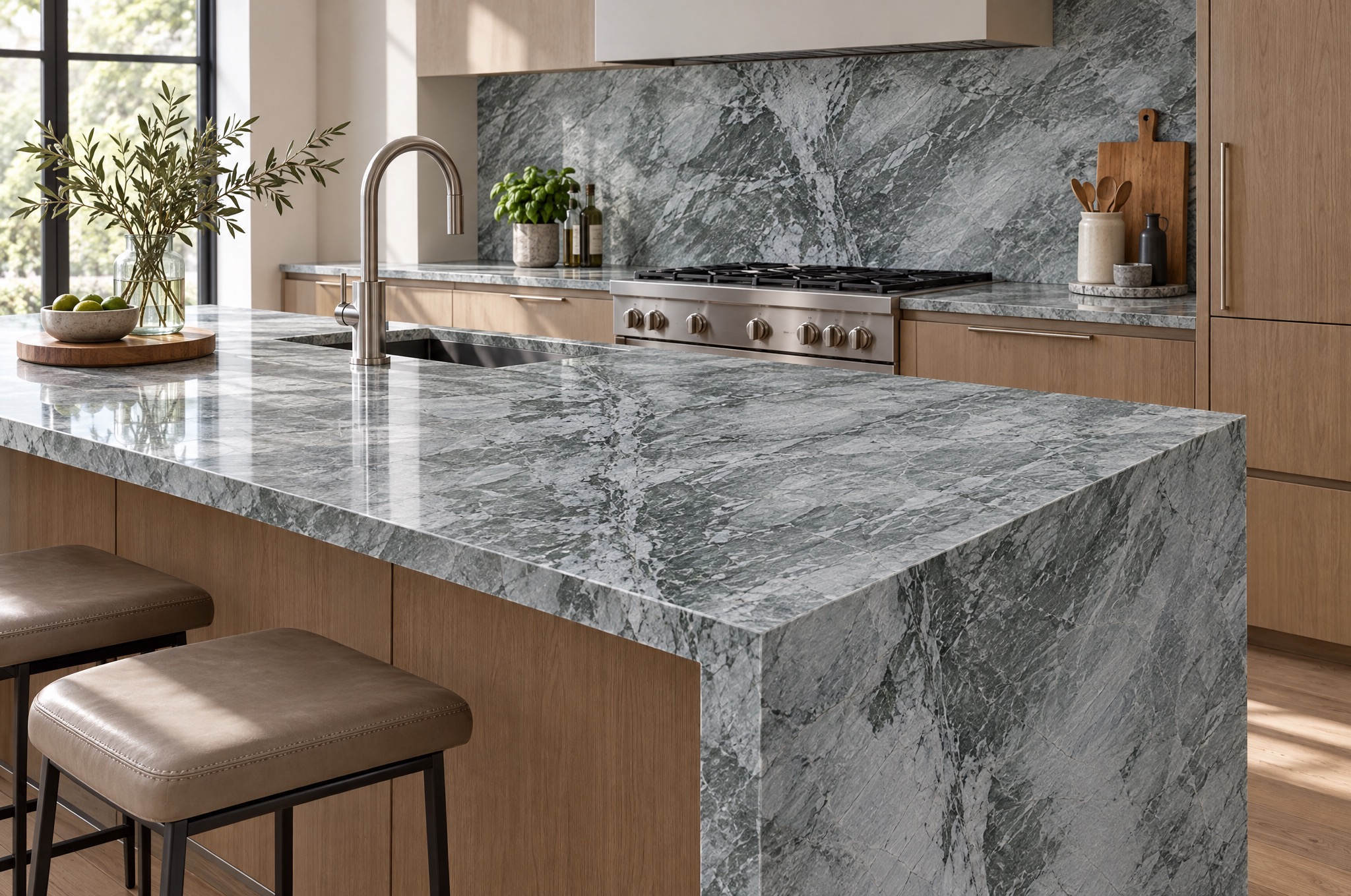 MSI Acquatic quartzite countertop, gray-green veined quartzite, in a styled kitchen