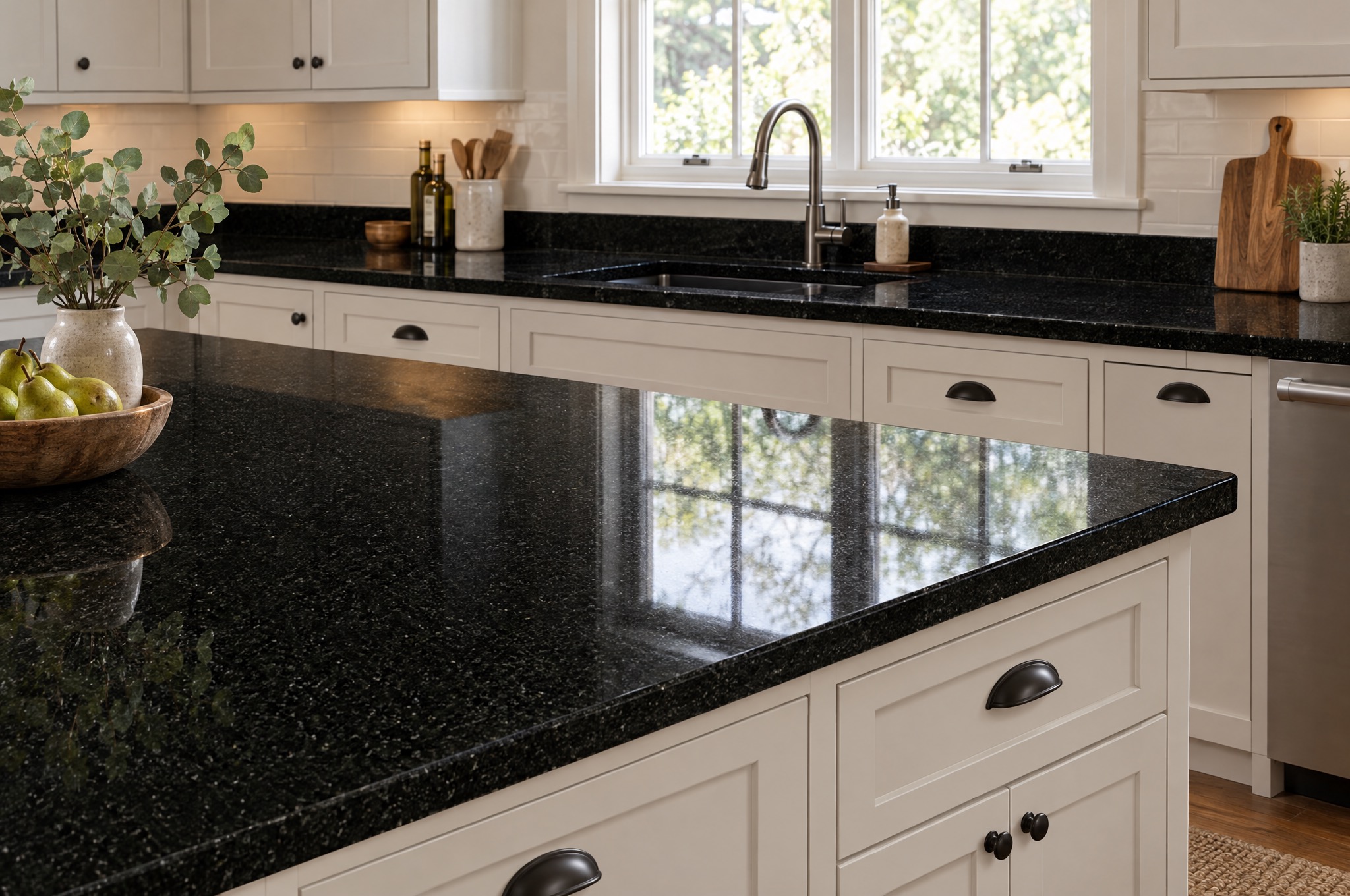 MSI Absolute Black granite countertop, black polished granite, in a styled kitchen