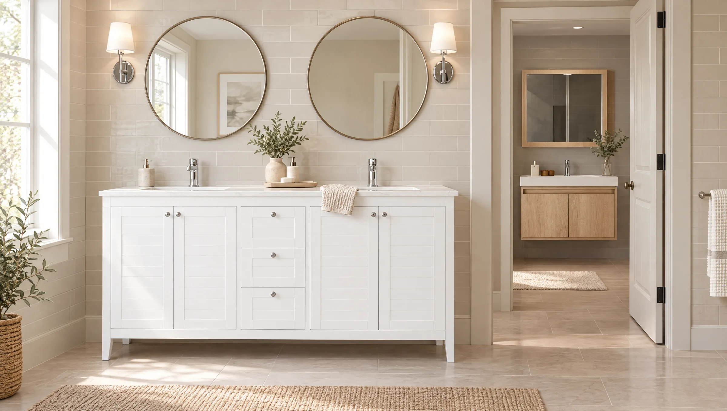 Bathroom with a white double-sink vanity under two round mirrors, and an oak single-sink vanity visible in a second bathroom