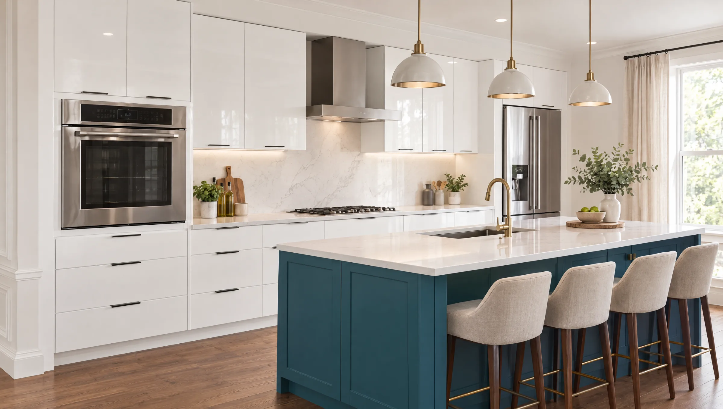 Kitchen with glossy white flat-panel cabinets along the wall and a blue-green inset-door island with stools