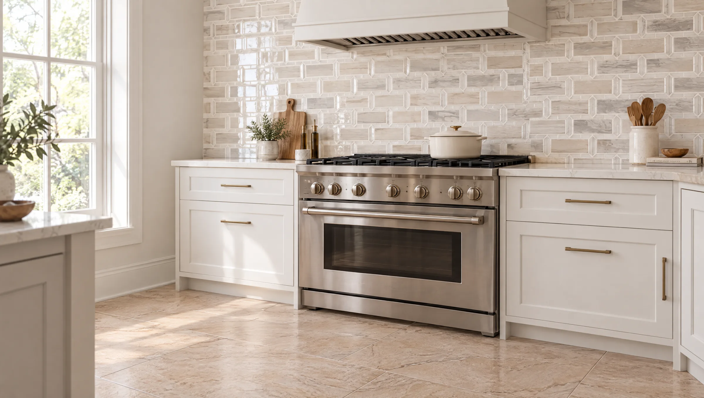 White subway tile backsplash with a framed pattern behind a range, above a beige stone-look porcelain tile floor