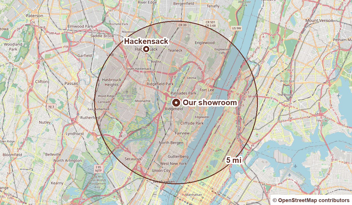 Map showing our Ridgefield showroom and Hackensack