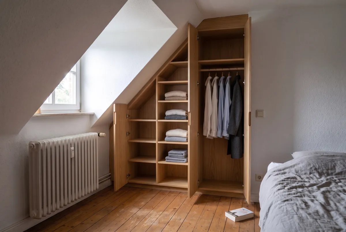 Der Schrank geöffnet, mit Fächern und einer Kleiderstange unter der Schräge
