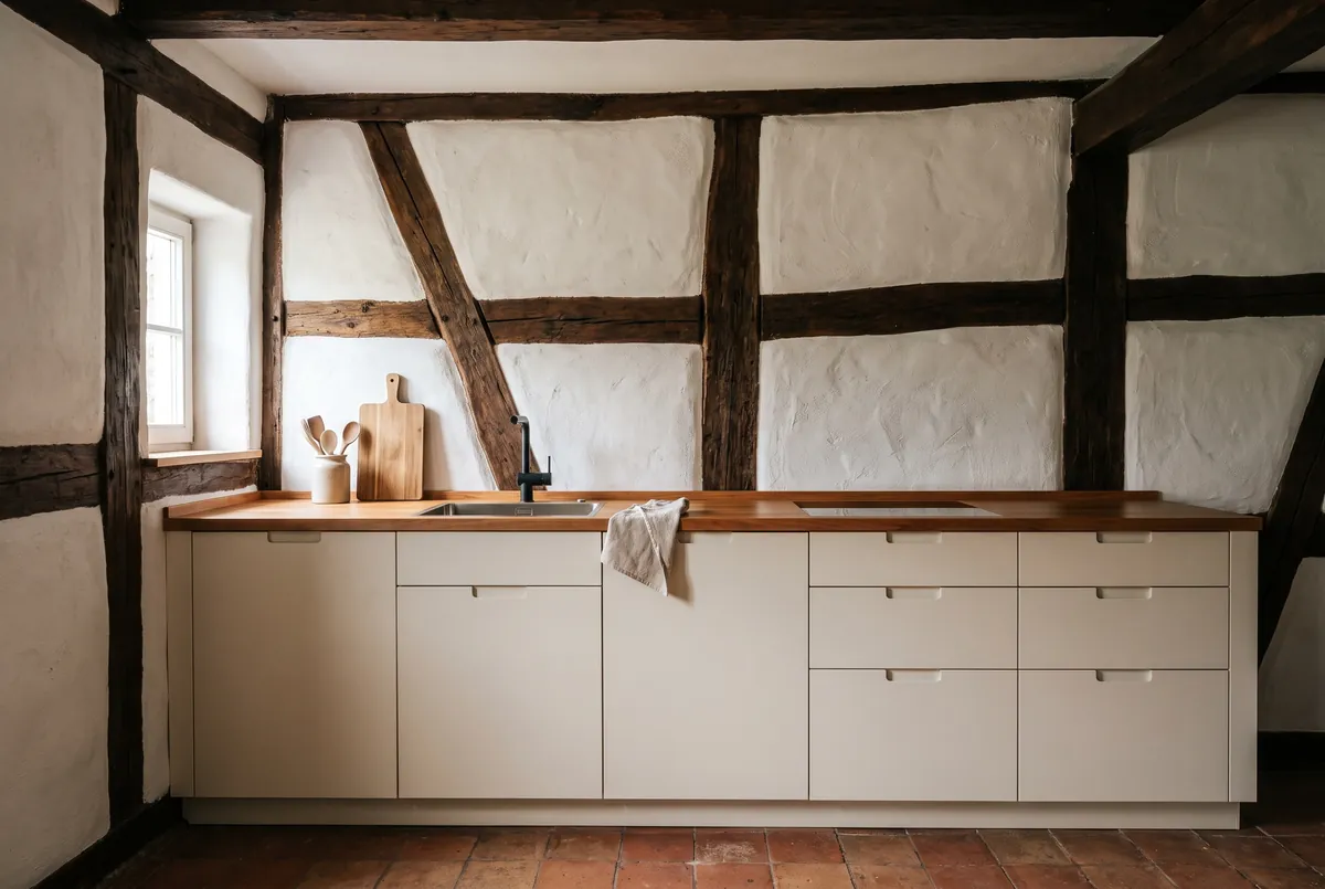 Küchenzeile mit lackierten Fronten und Arbeitsplatte aus Kirsche in einem Fachwerkhaus mit sichtbaren Balken