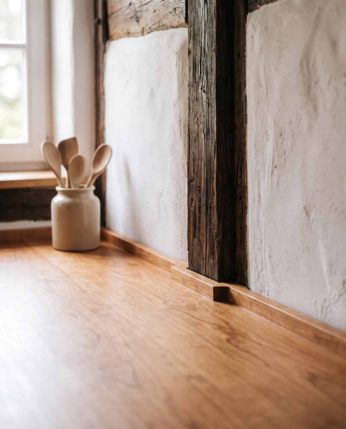 Die Aufkantung aus Kirsche ist an die unebene Wand angerissen und um den Fachwerkständer ausgeklinkt