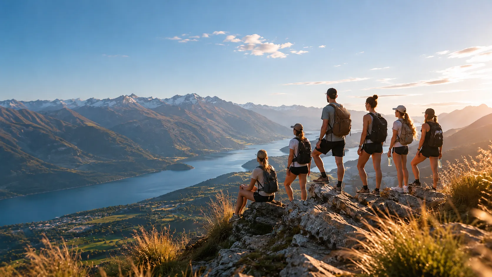 A small group watching sunrise over a mountain lake