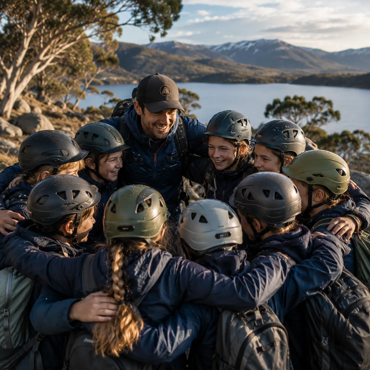 Expeditioners in a team huddle by the river