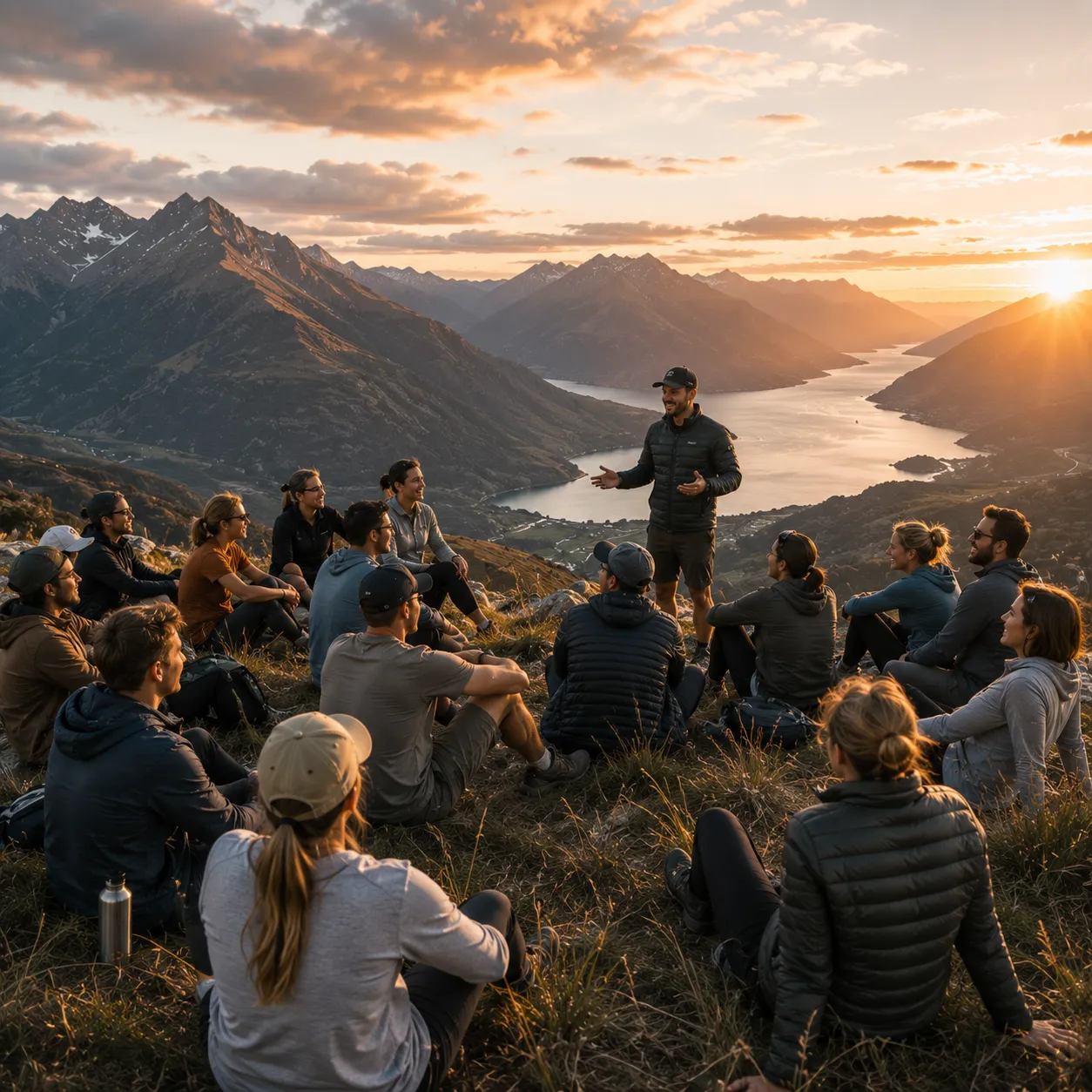 A retreat group gathered in a circle at sunset in the mountains