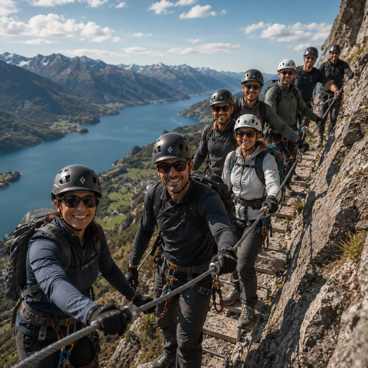 A team on a via ferrata above a lake
