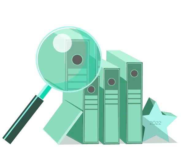 magnifying glass looking at case files