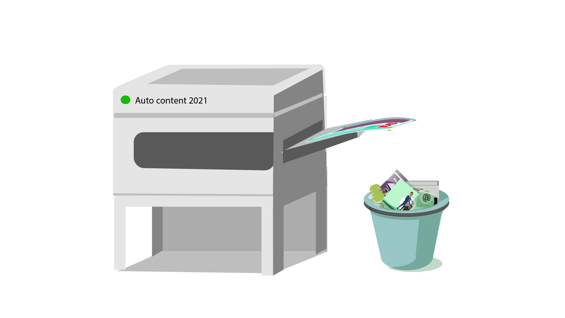 Photocopier and bin full of creative media.