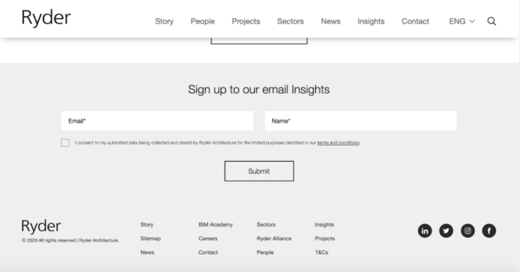 email sign up on ryder's homepage (content lessons architecture firms)