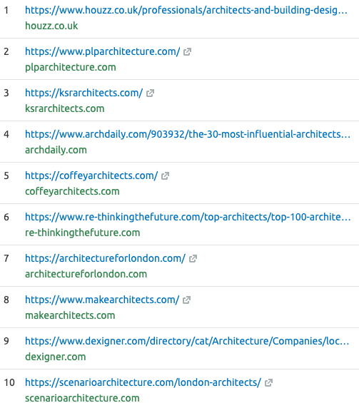 top ranking website for the word “architects in London” (October 2020). Content lessons