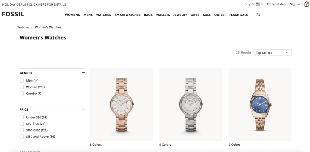 Fossil's page that ranks number one for watches for women