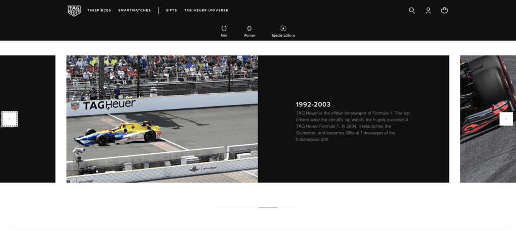 screenshot of a timeline of Tag Heuer and F1's partnership