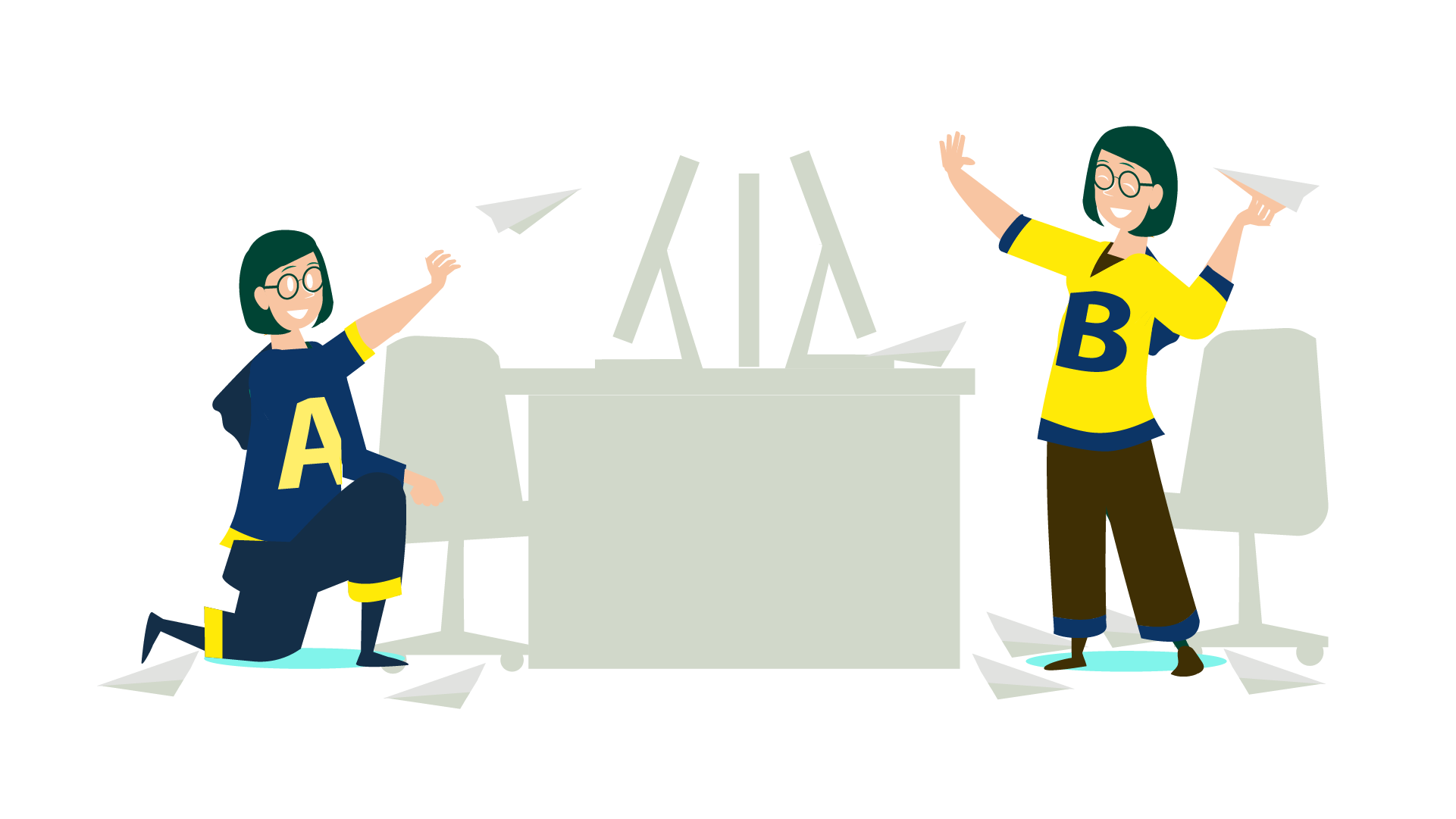 Two women wearing inverse colours throwing paper planes at one another from their respective desks.