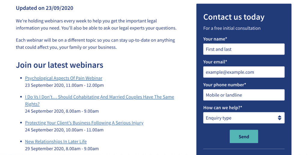content marketing for legal firms Irwin Mitchell uses webinars 