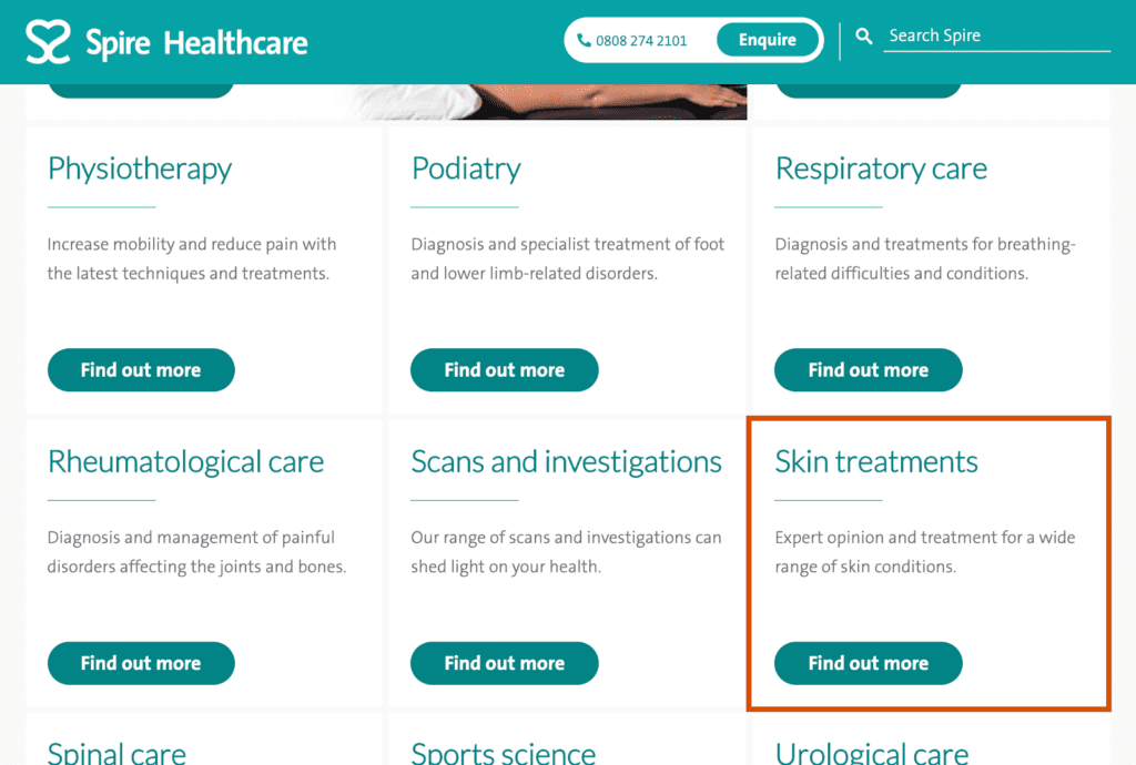 treatment areas page on Spire for dermatology