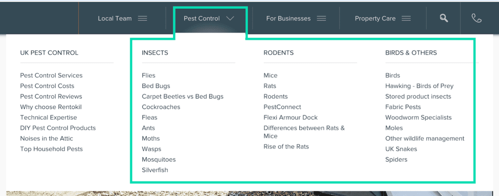 Rentokil specialisms website menu